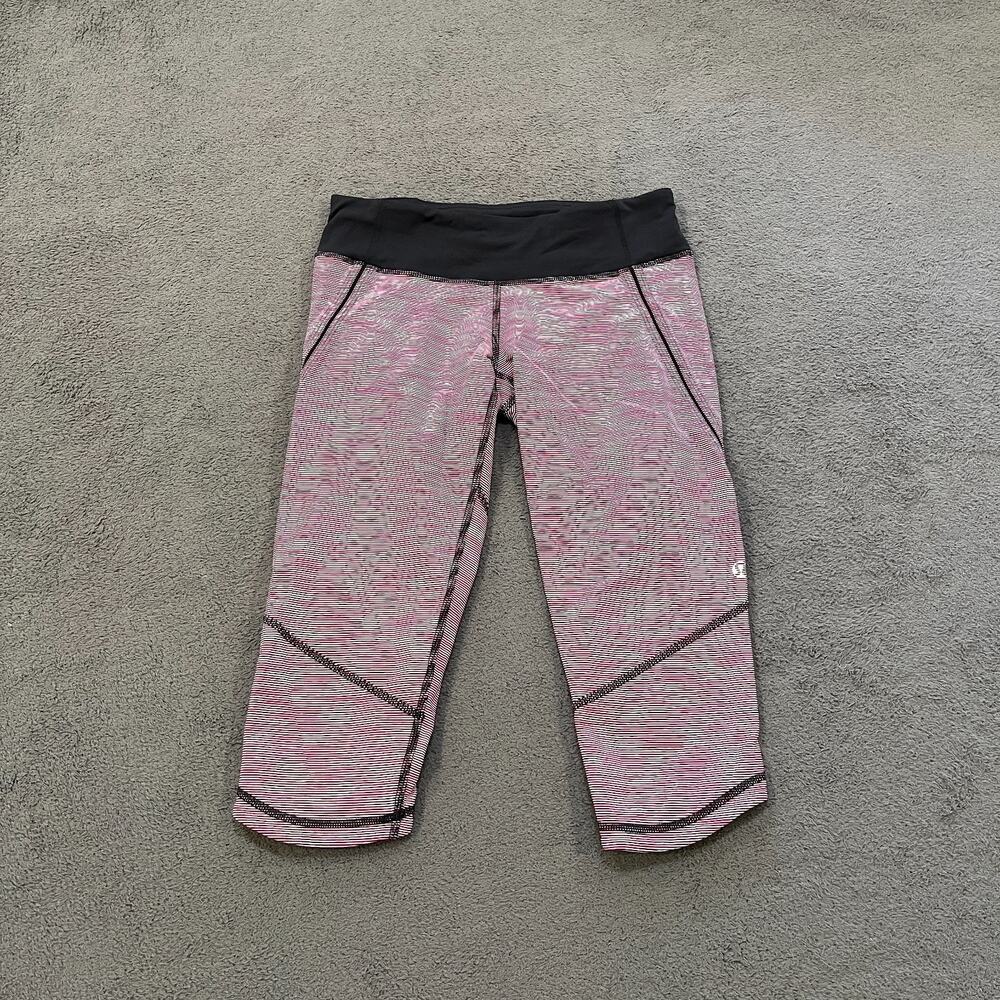 Lululemon Run Excel Black Pink Micro Stripe Athletic Crop Leggings Womens Size 4